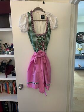 Traditional Green Gingham Dirndl with Pink Apron